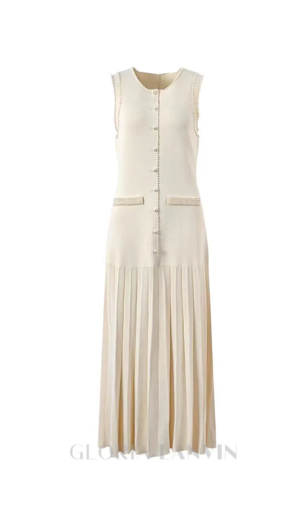 SALOME BEADED TRIM SLEEVELESS KNIT APRICOT MIDI DRESS Gloria Lanvin
