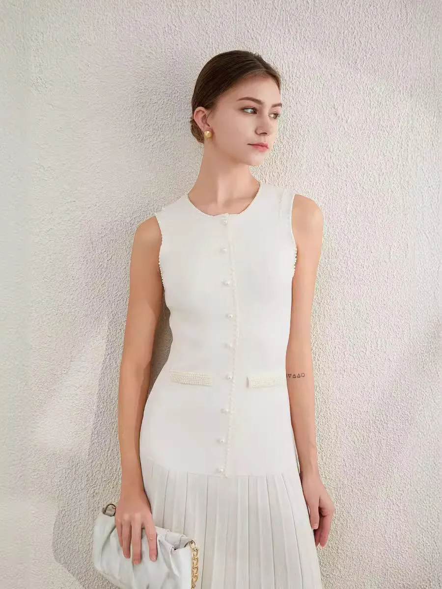 SALOME BEADED TRIM SLEEVELESS KNIT APRICOT MIDI DRESS Gloria Lanvin