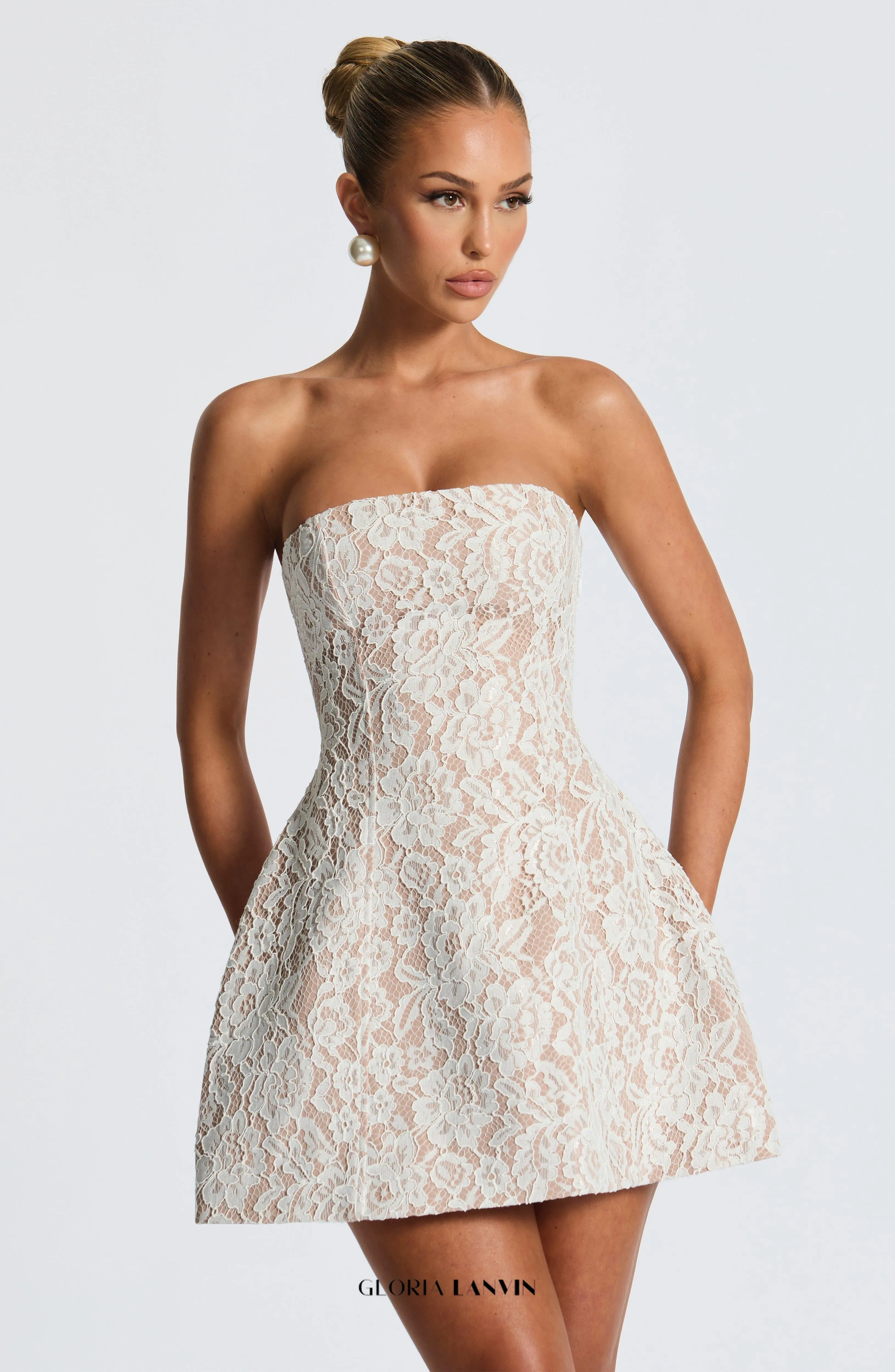 Salone lace strapless Mini Dress in Ivory Gloria Lanvin