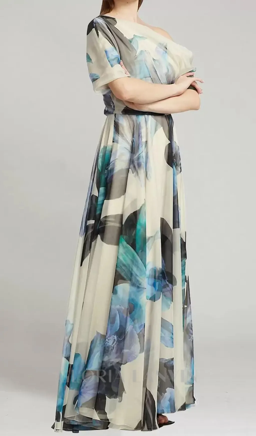 SANDRA MULTICOLOR ONE SHOULDER IRREGULAR CHIFFON MAXI DRESS Gloria Lanvin