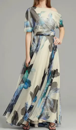 SANDRA MULTICOLOR ONE SHOULDER IRREGULAR CHIFFON MAXI DRESS Gloria Lanvin