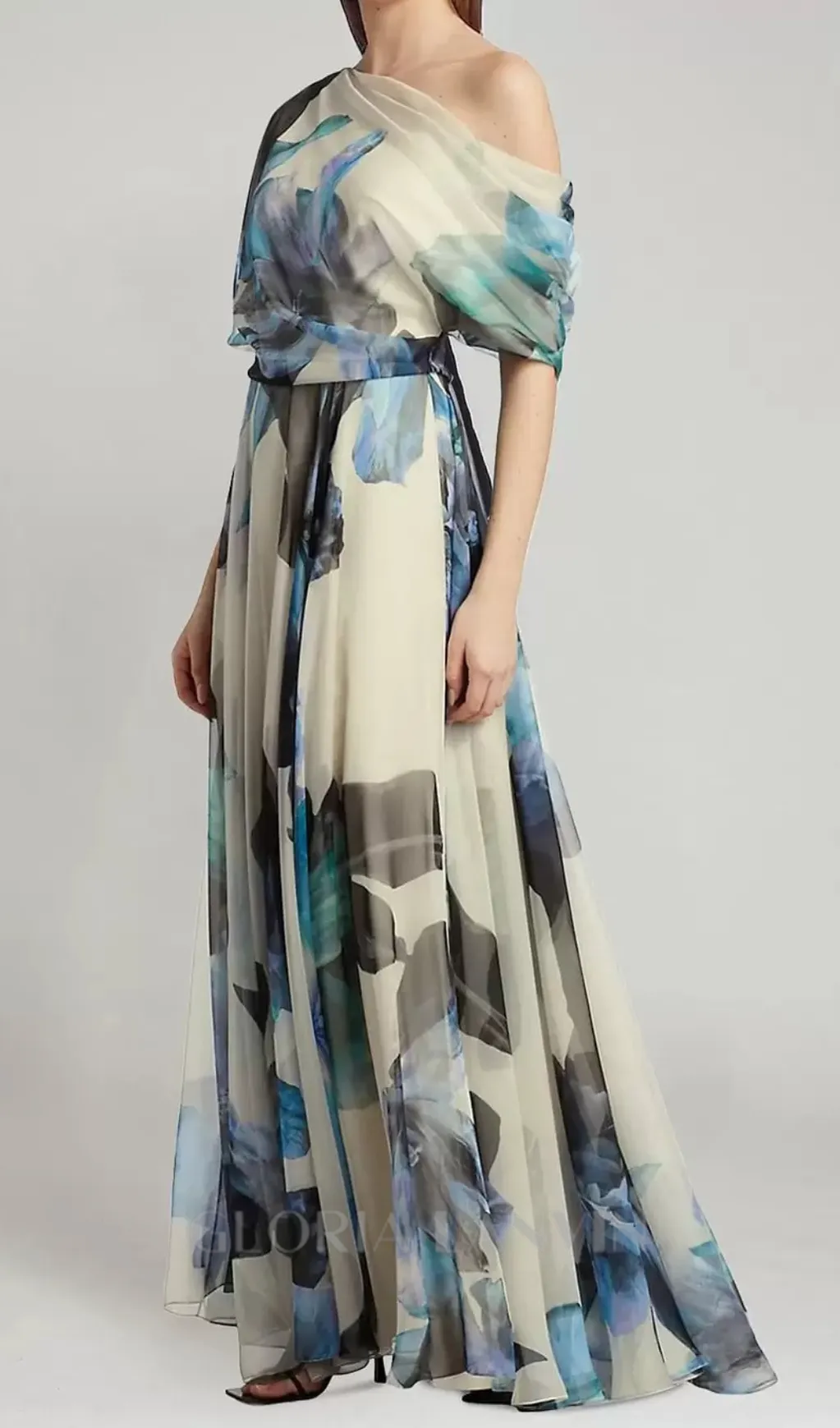 SANDRA MULTICOLOR ONE SHOULDER IRREGULAR CHIFFON MAXI DRESS Gloria Lanvin