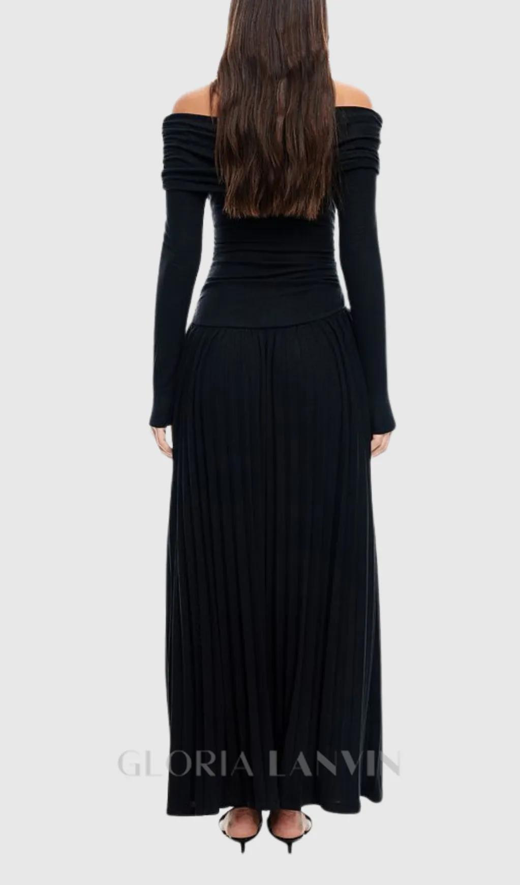 sara bodycon strapless long sleeve maxi dress in black Gloria Lanvin