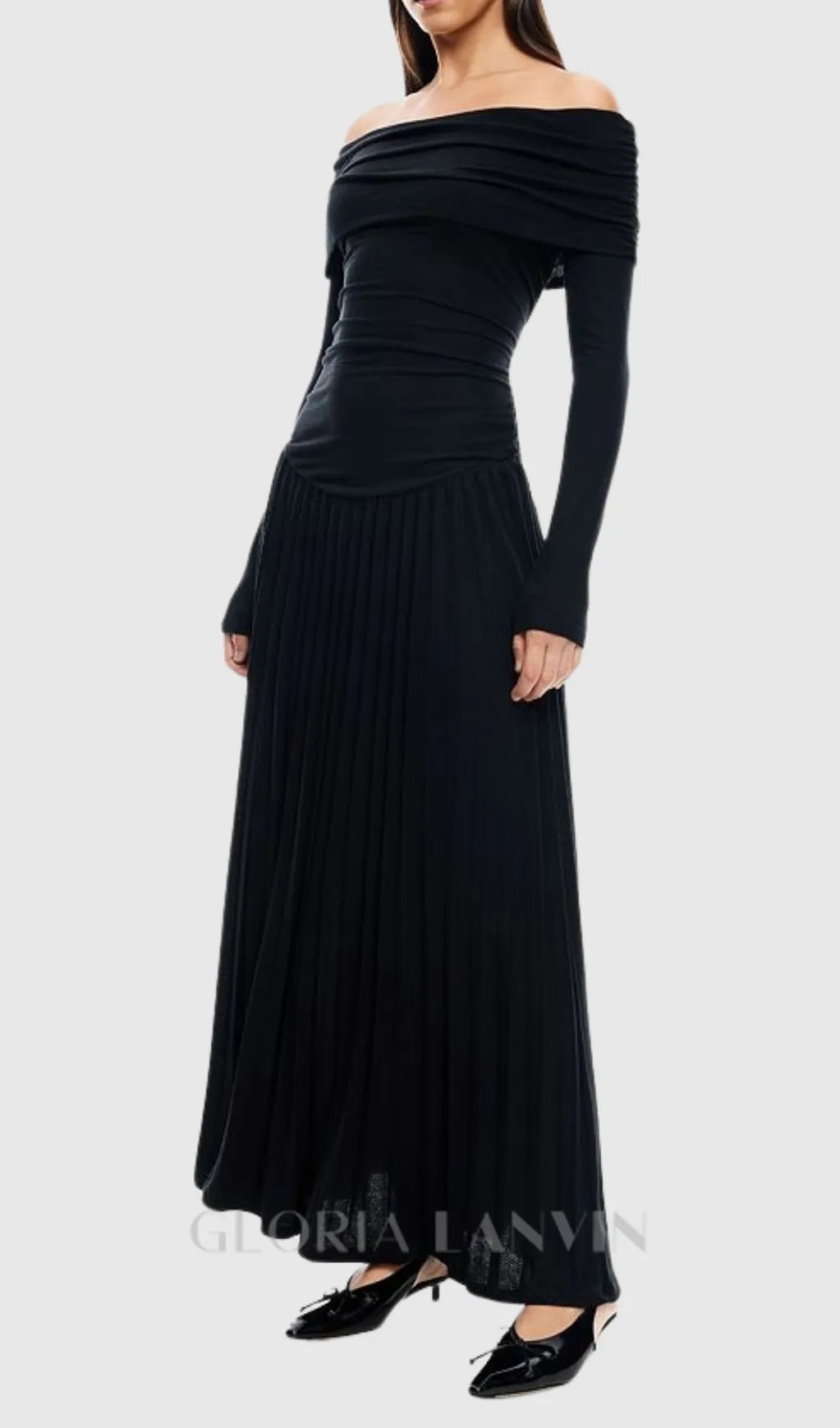 sara bodycon strapless long sleeve maxi dress in black Gloria Lanvin