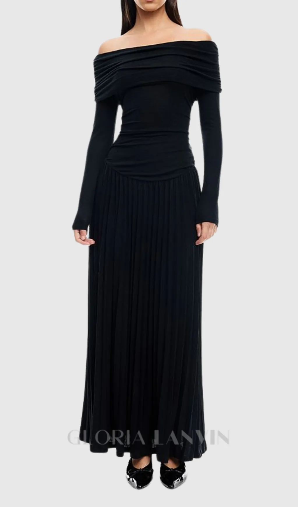 sara bodycon strapless long sleeve maxi dress in black Gloria Lanvin