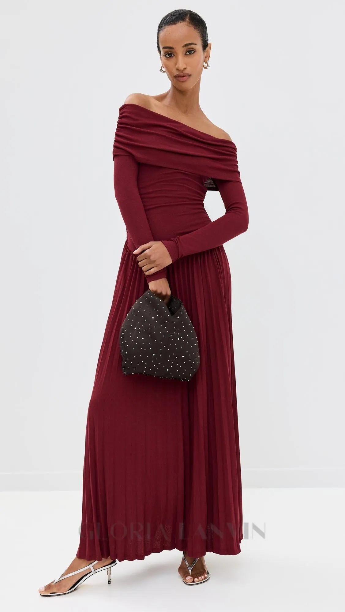 sara bodycon strapless long sleeve maxi dress in burgundy Gloria Lanvin