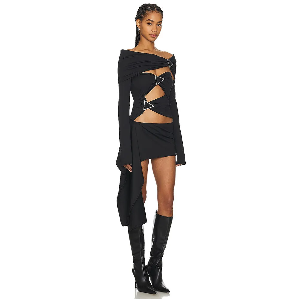 SARAH BLACK ARROW EMBELLISHED OFF-SHOULDER BANDAGE MINI DRESS Gloria Lanvin