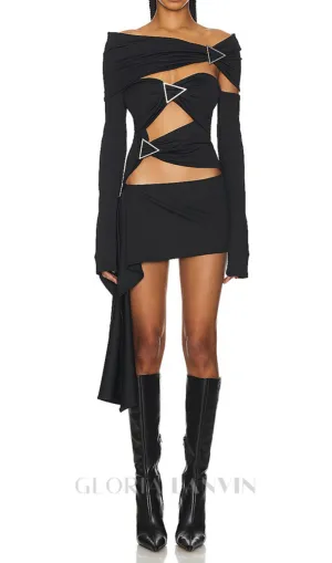 SARAH BLACK ARROW EMBELLISHED OFF-SHOULDER BANDAGE MINI DRESS Gloria Lanvin