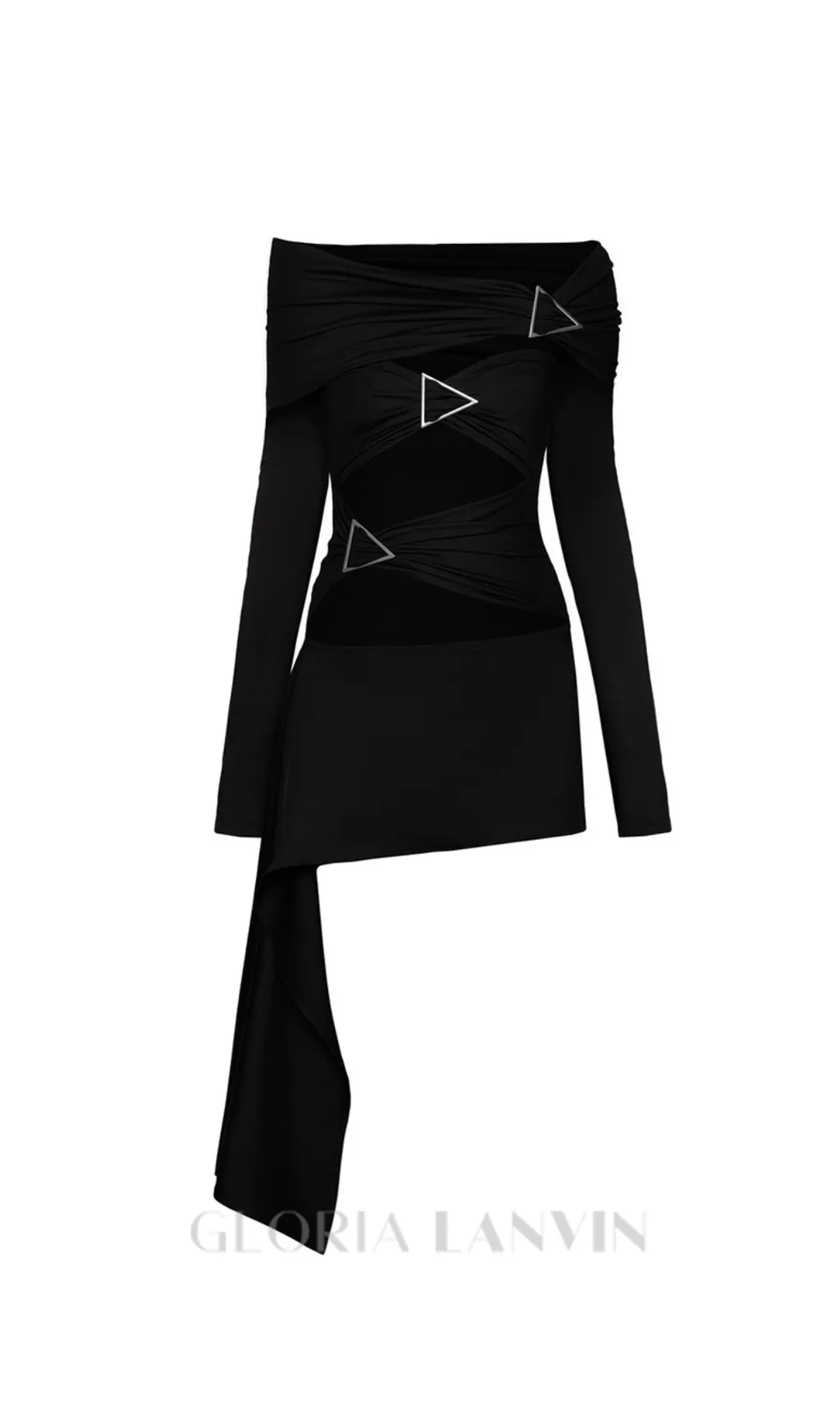 SARAH BLACK ARROW EMBELLISHED OFF-SHOULDER BANDAGE MINI DRESS Gloria Lanvin