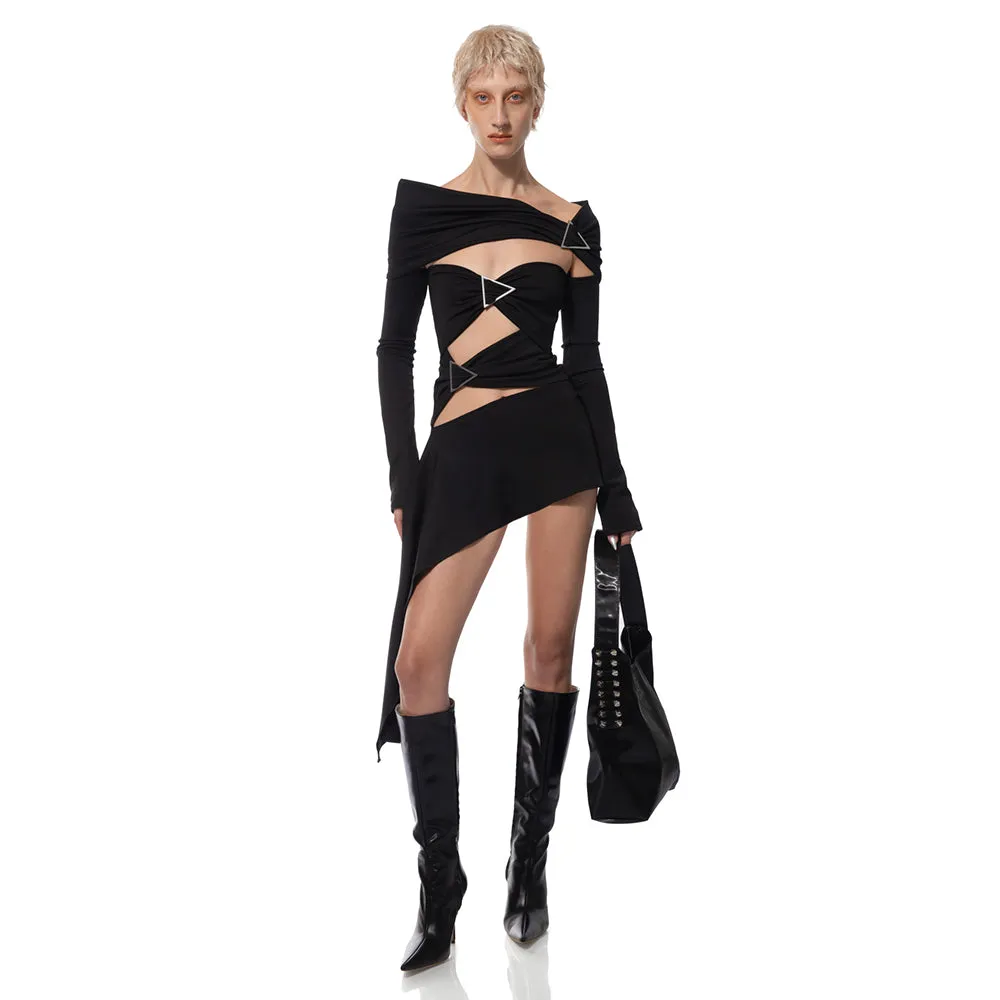 SARAH BLACK ARROW EMBELLISHED OFF-SHOULDER BANDAGE MINI DRESS Gloria Lanvin