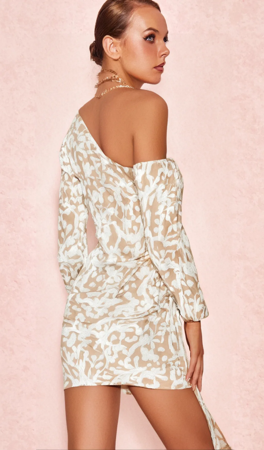 SARAH FLORAL ONE SHOULDER DRAPED MINI DRESS IN APRICOT Gloria Lanvin