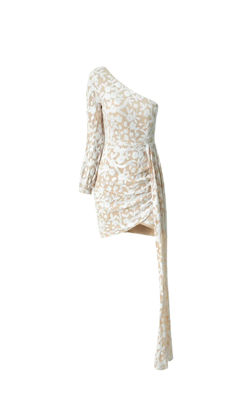 SARAH FLORAL ONE SHOULDER DRAPED MINI DRESS IN APRICOT Gloria Lanvin