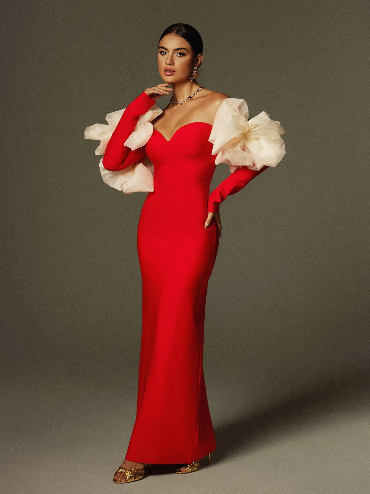 sarah Off Shoulder Flower Bandage Maxi Dress In Red Gloria Lanvin