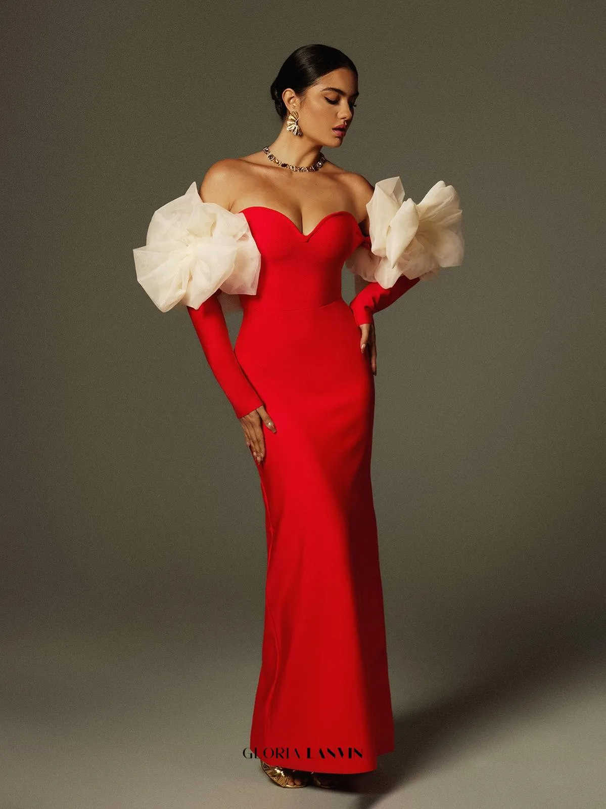 sarah Off Shoulder Flower Bandage Maxi Dress In Red Gloria Lanvin