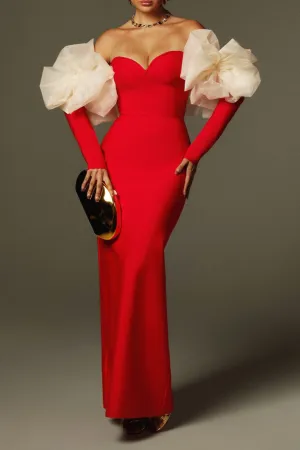 sarah Off Shoulder Flower Bandage Maxi Dress In Red Gloria Lanvin