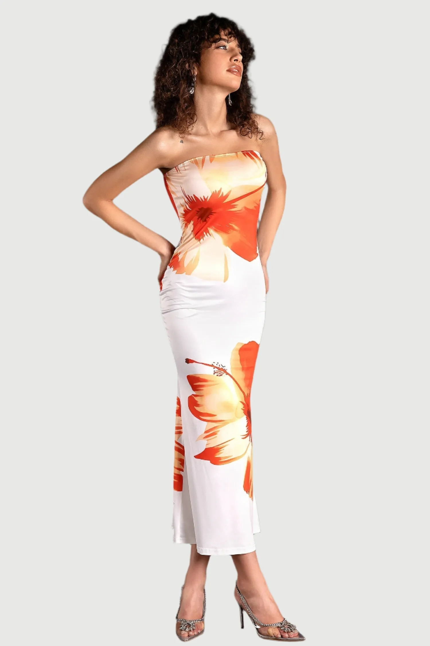 SARRIDES STRAPLESS PRINT MIDI DRESS Gloria Lanvin
