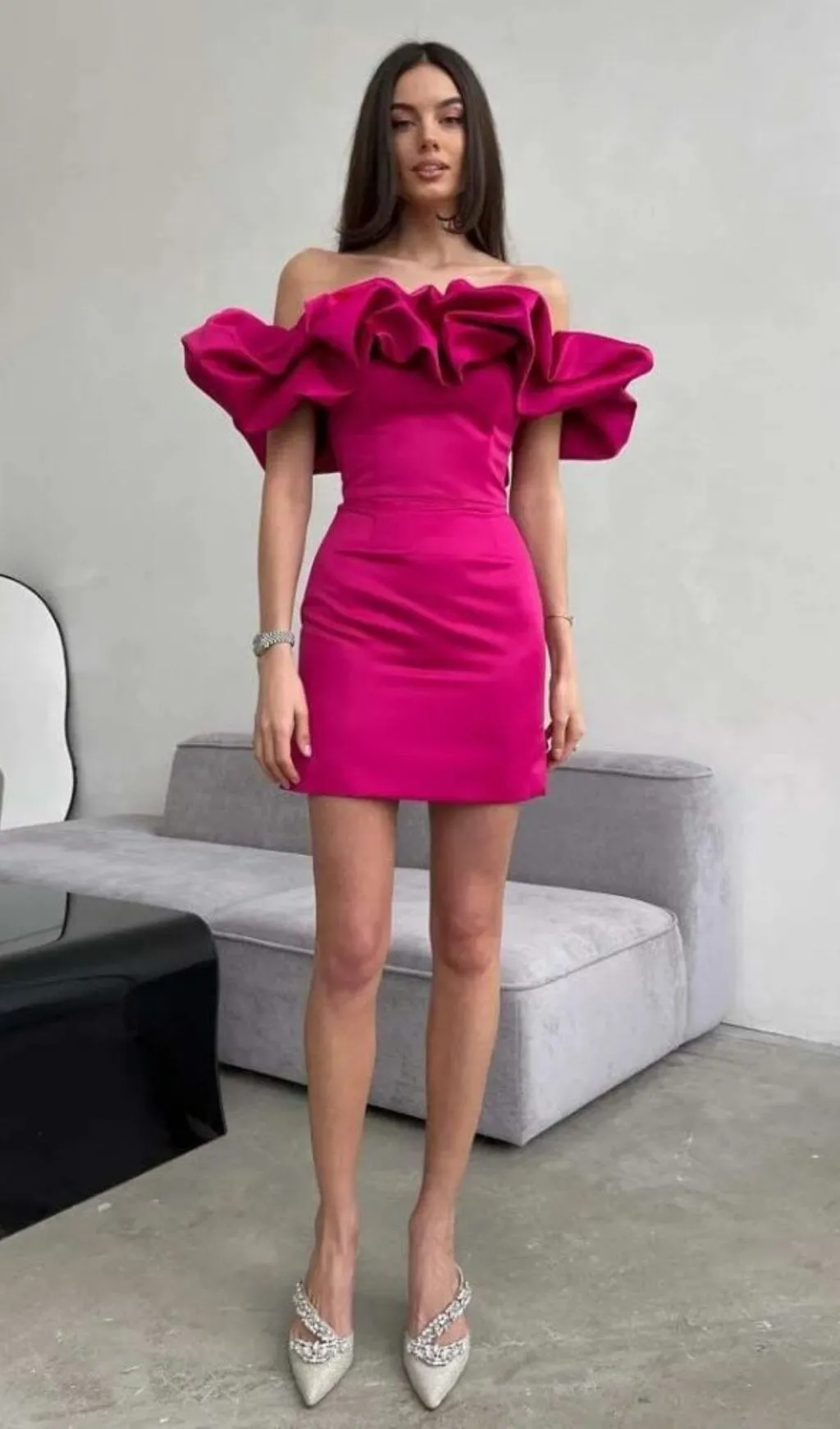 SATIN A-LINE NECKLINE POD RUFFLE MINI DRESS IN PINK Gloria Lanvin