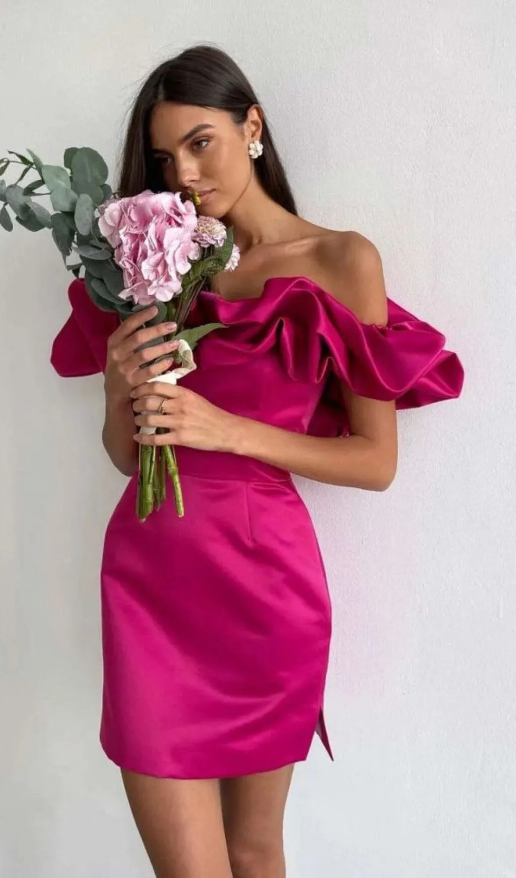 SATIN A-LINE NECKLINE POD RUFFLE MINI DRESS IN PINK Gloria Lanvin