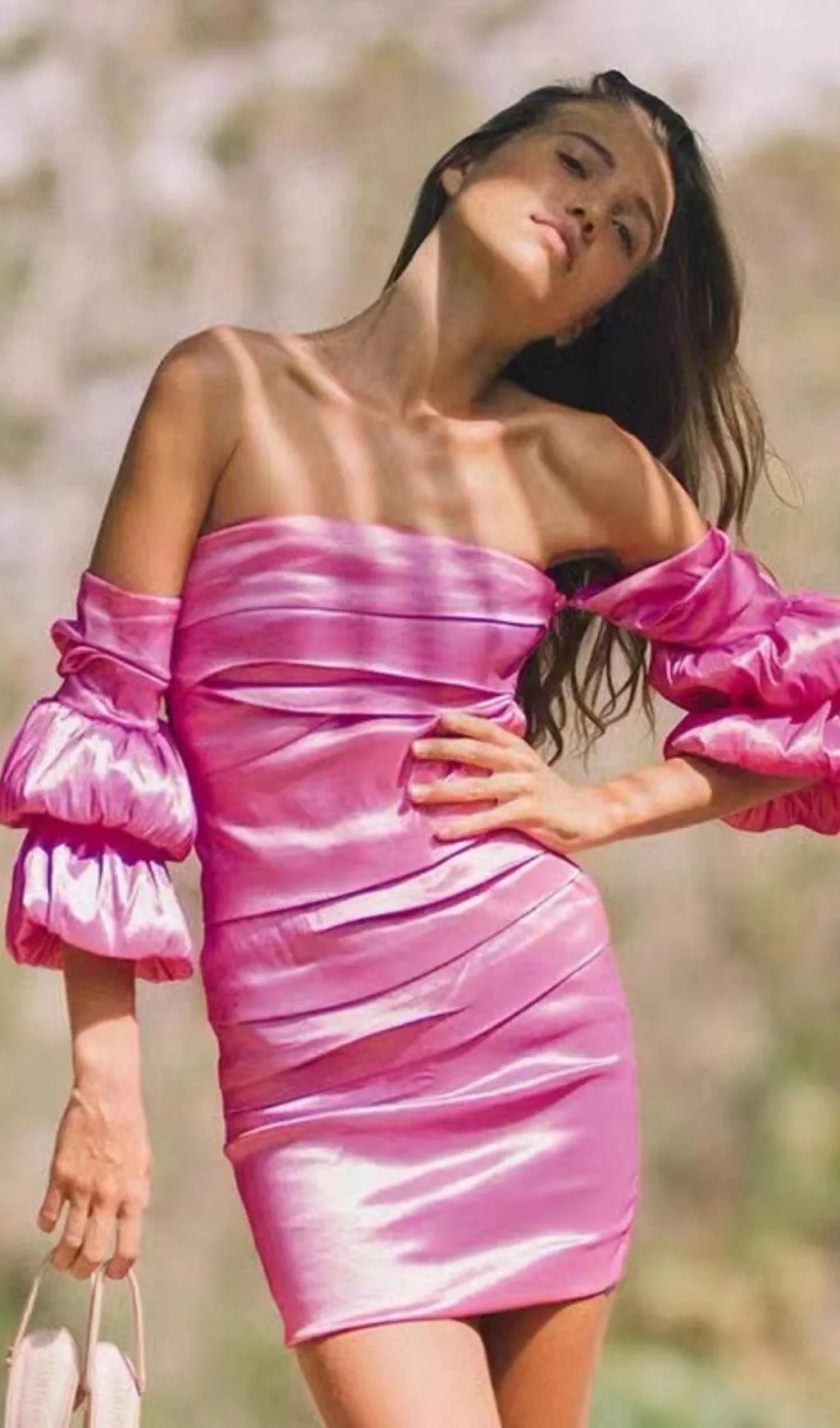 SATIN BARDOT MINI DRESS IN HOT PINK Gloria Lanvin