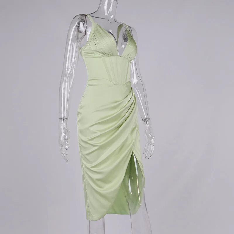 SATIN CORSET MIDI DRESS IN GREEN Gloria Lanvin