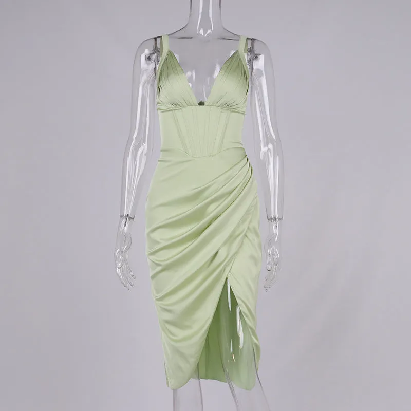 SATIN CORSET MIDI DRESS IN GREEN Gloria Lanvin