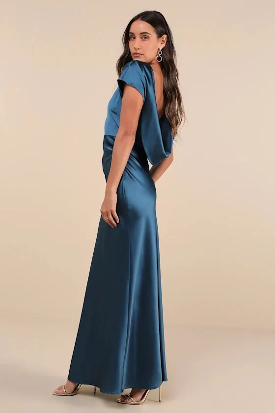 satin cowl back maxi dress in dark teal Gloria Lanvin