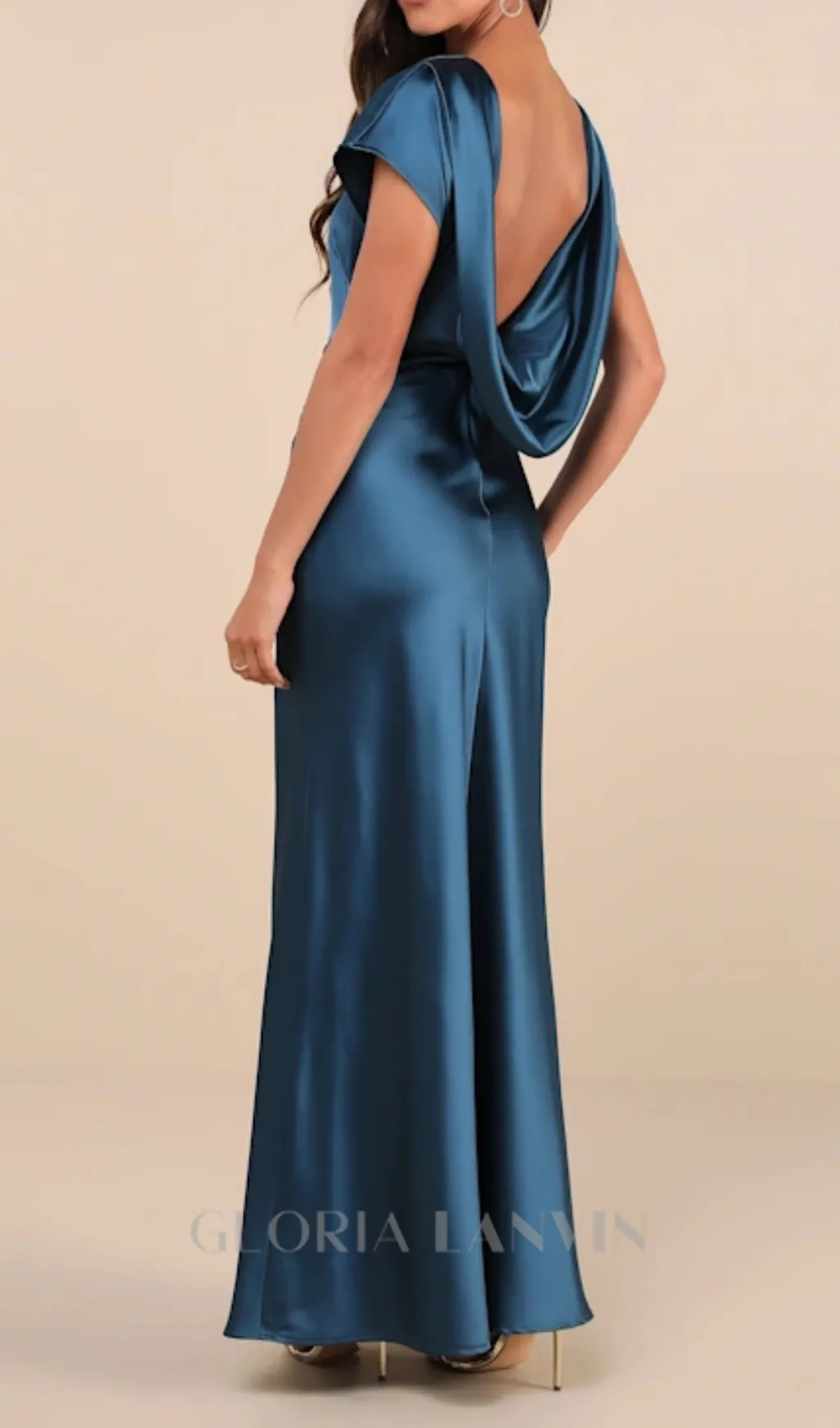 satin cowl back maxi dress in dark teal Gloria Lanvin