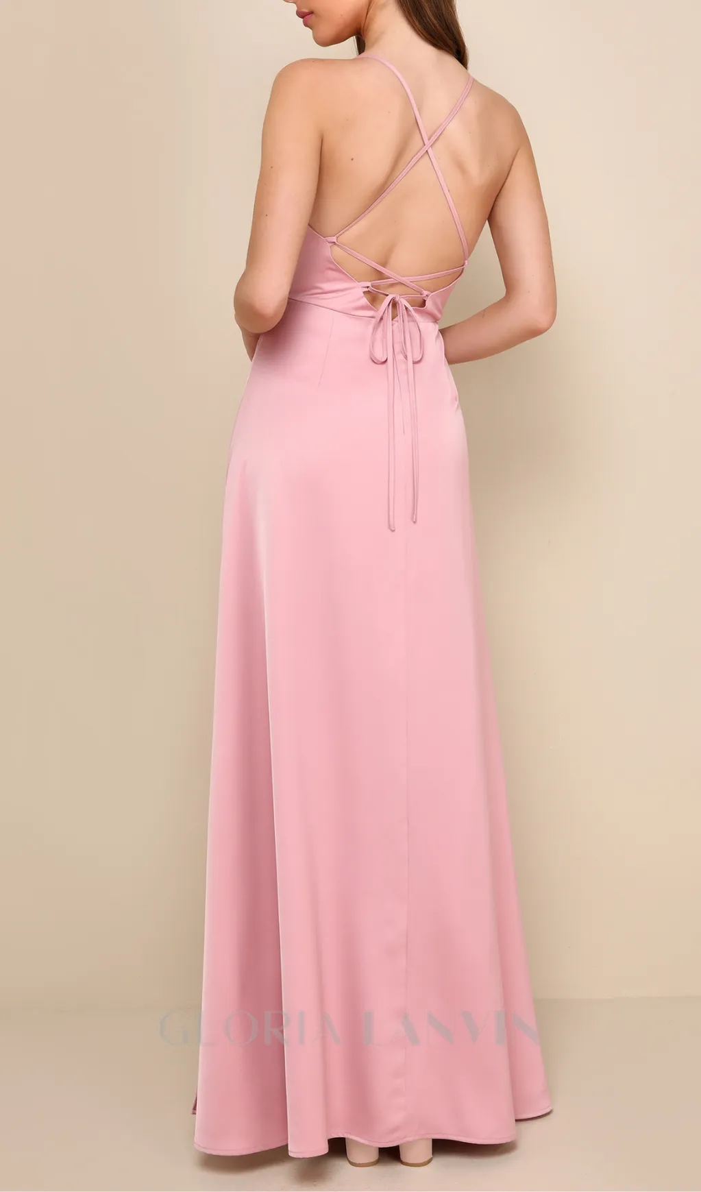 satin pleated lace-up backless maxi dress in pink Gloria Lanvin