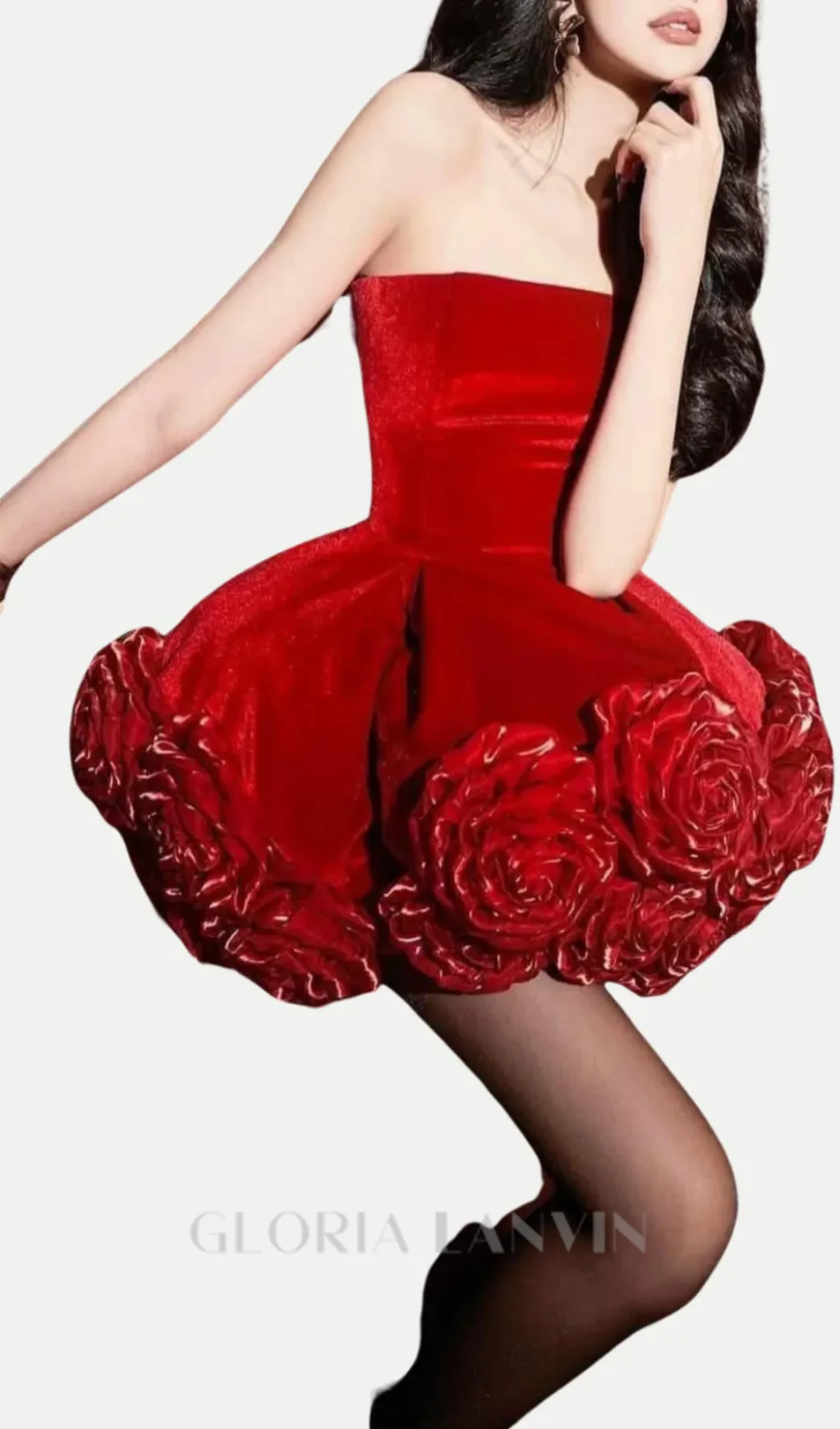 Sebast Flower Strapless Velvet Mini Dress in Red Gloria Lanvin