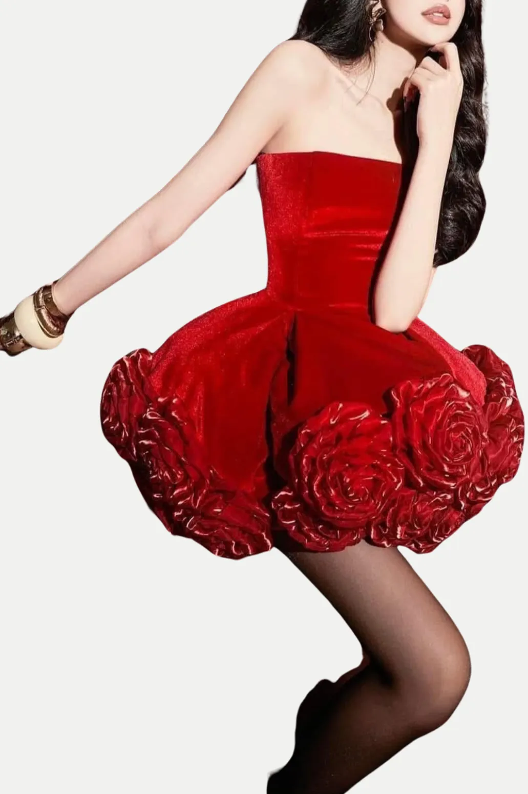 Sebast Flower Strapless Velvet Mini Dress in Red Gloria Lanvin