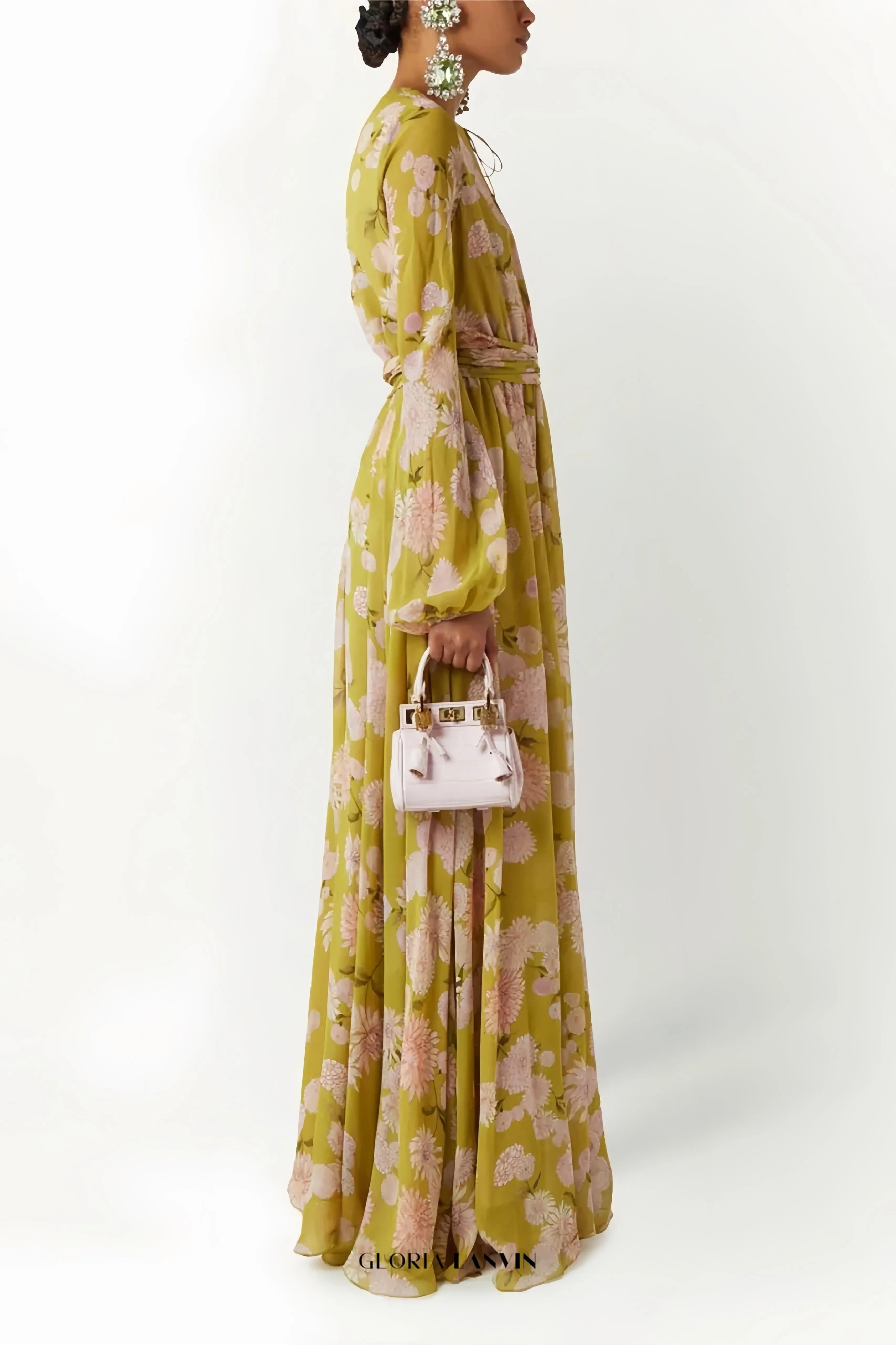 selena floral lace up puff sleeve maxi dress Gloria Lanvin