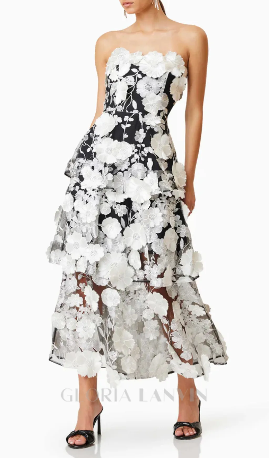 Selene 3D flower Tiered Maxi Dress In Black Gloria Lanvin