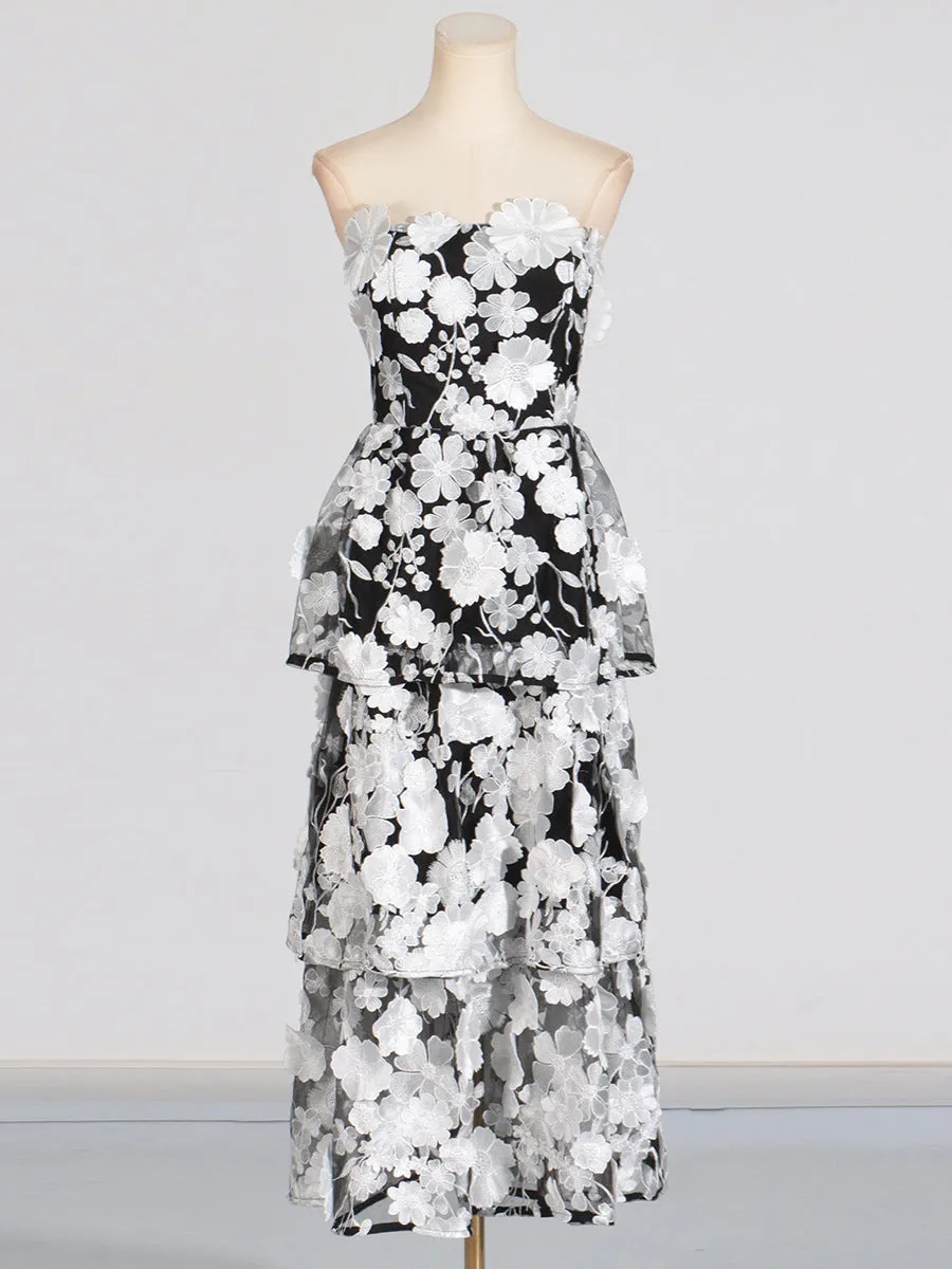 Selene 3D flower Tiered Maxi Dress In Black Gloria Lanvin