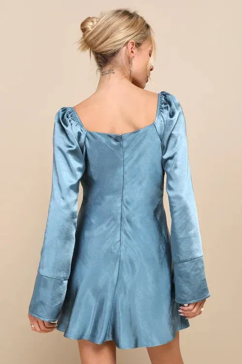 Sensational Fate Slate Blue Satin Cowl Neck Mini Dress Gloria Lanvin