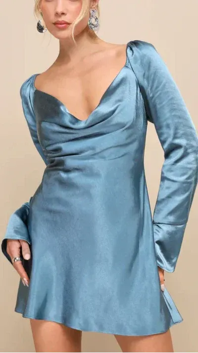 Sensational Fate Slate Blue Satin Cowl Neck Mini Dress Gloria Lanvin