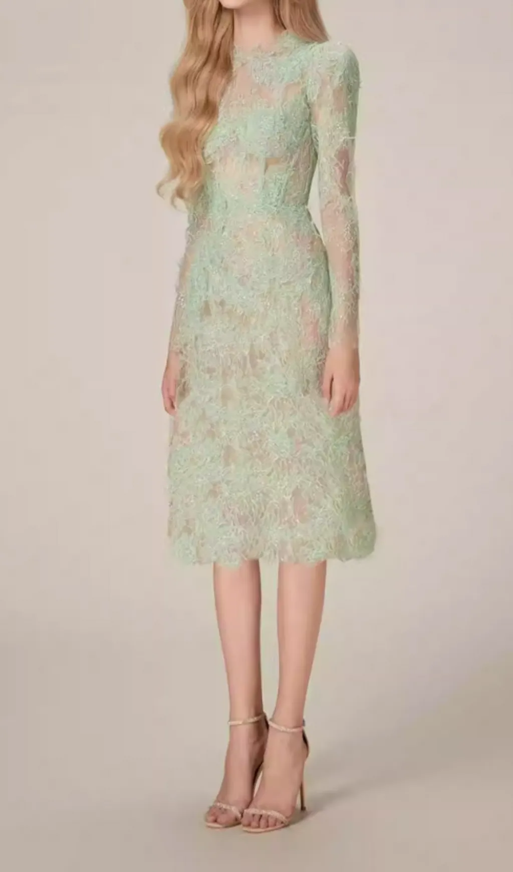 SEQUIN EMBROIDERED ULTRA-SLIM LACE MIDI DRESS Gloria Lanvin