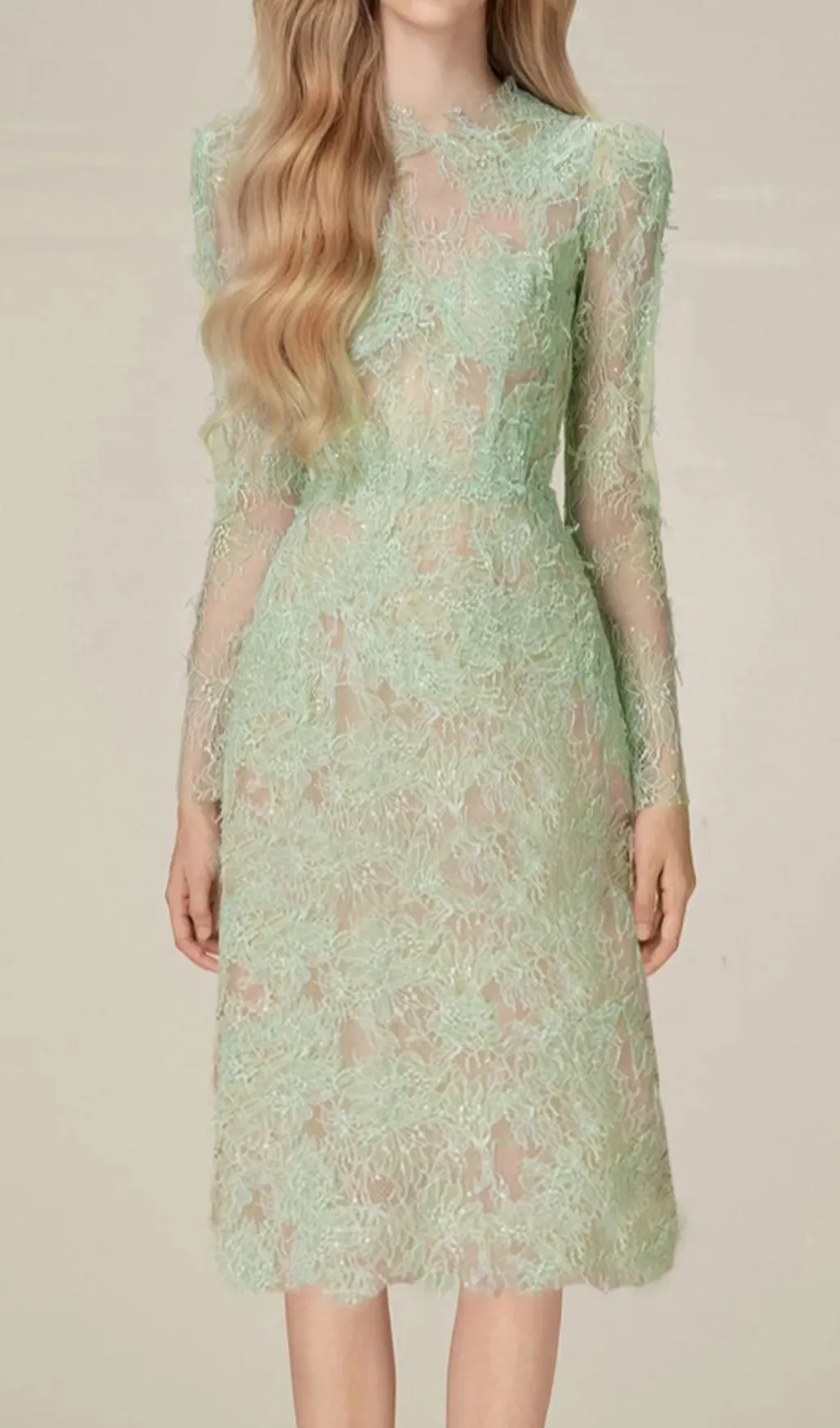 SEQUIN EMBROIDERED ULTRA-SLIM LACE MIDI DRESS Gloria Lanvin