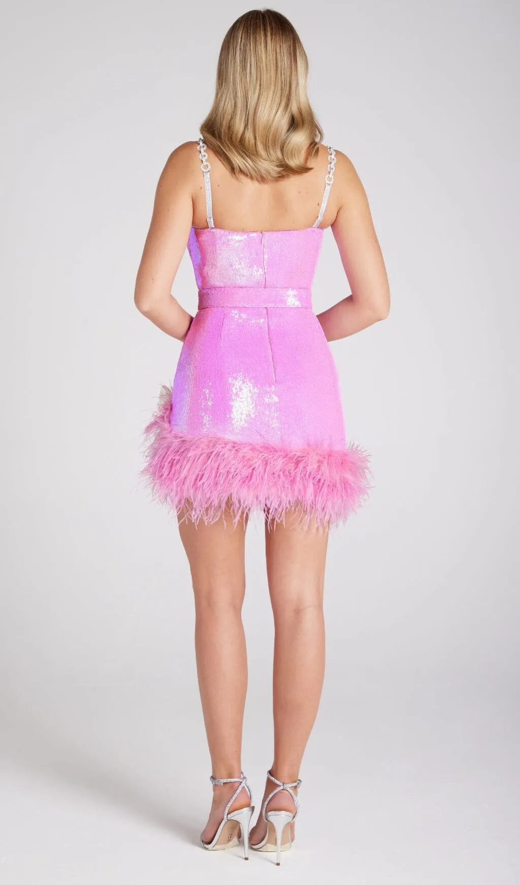 SEQUIN FEATHER BELT MINI DRESSS IN PINK Gloria Lanvin