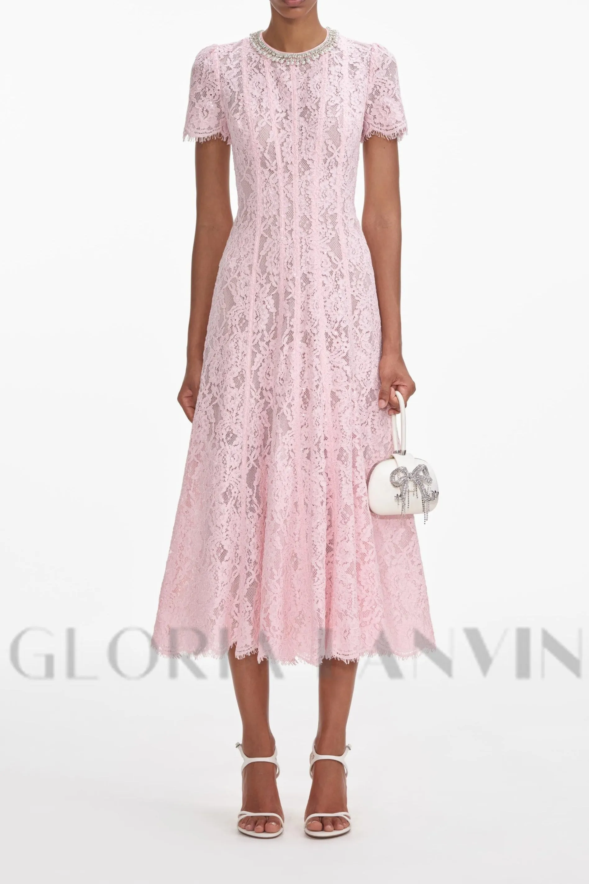 Sequin Floral Lace Midi Dress in pink Gloria Lanvin