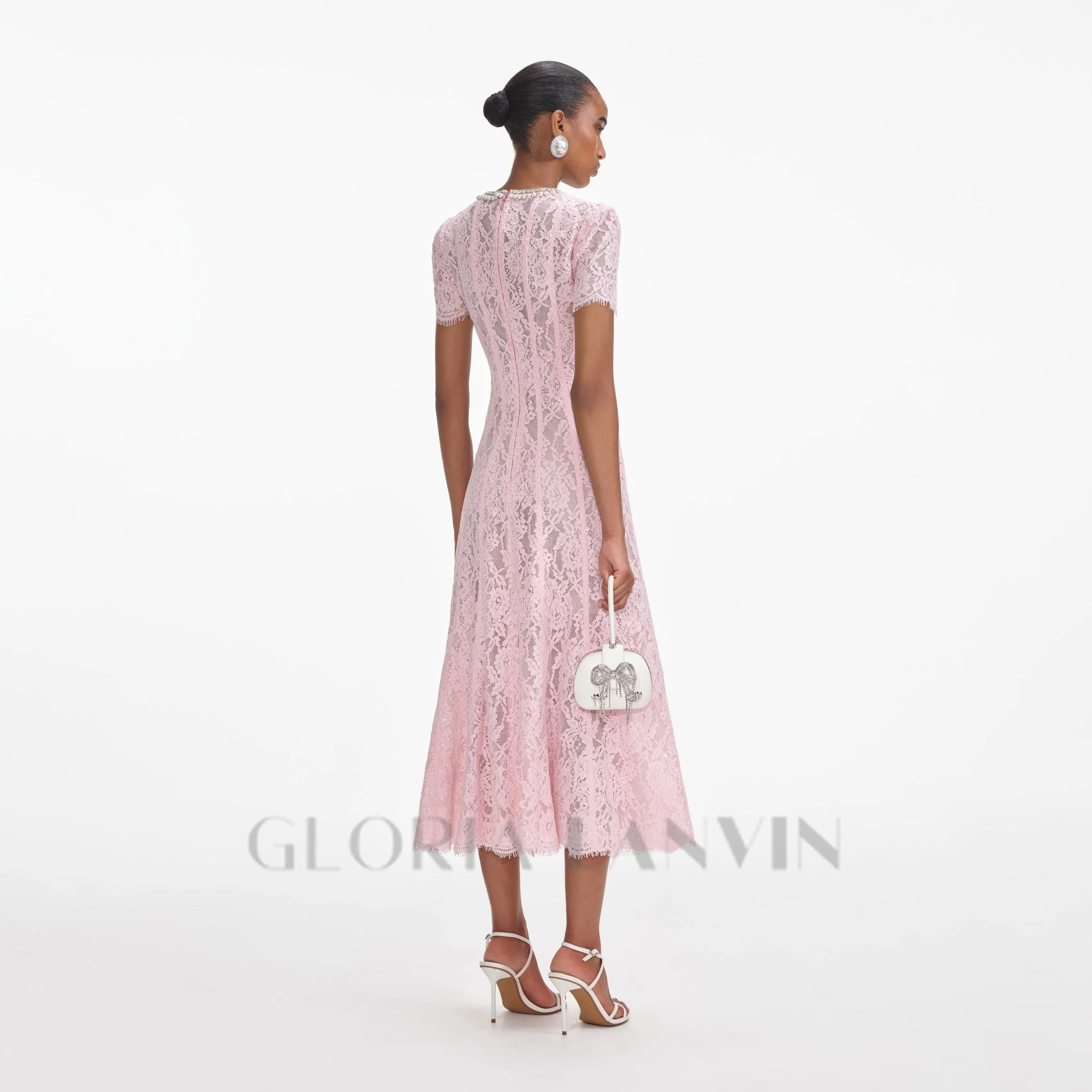 Sequin Floral Lace Midi Dress in pink Gloria Lanvin