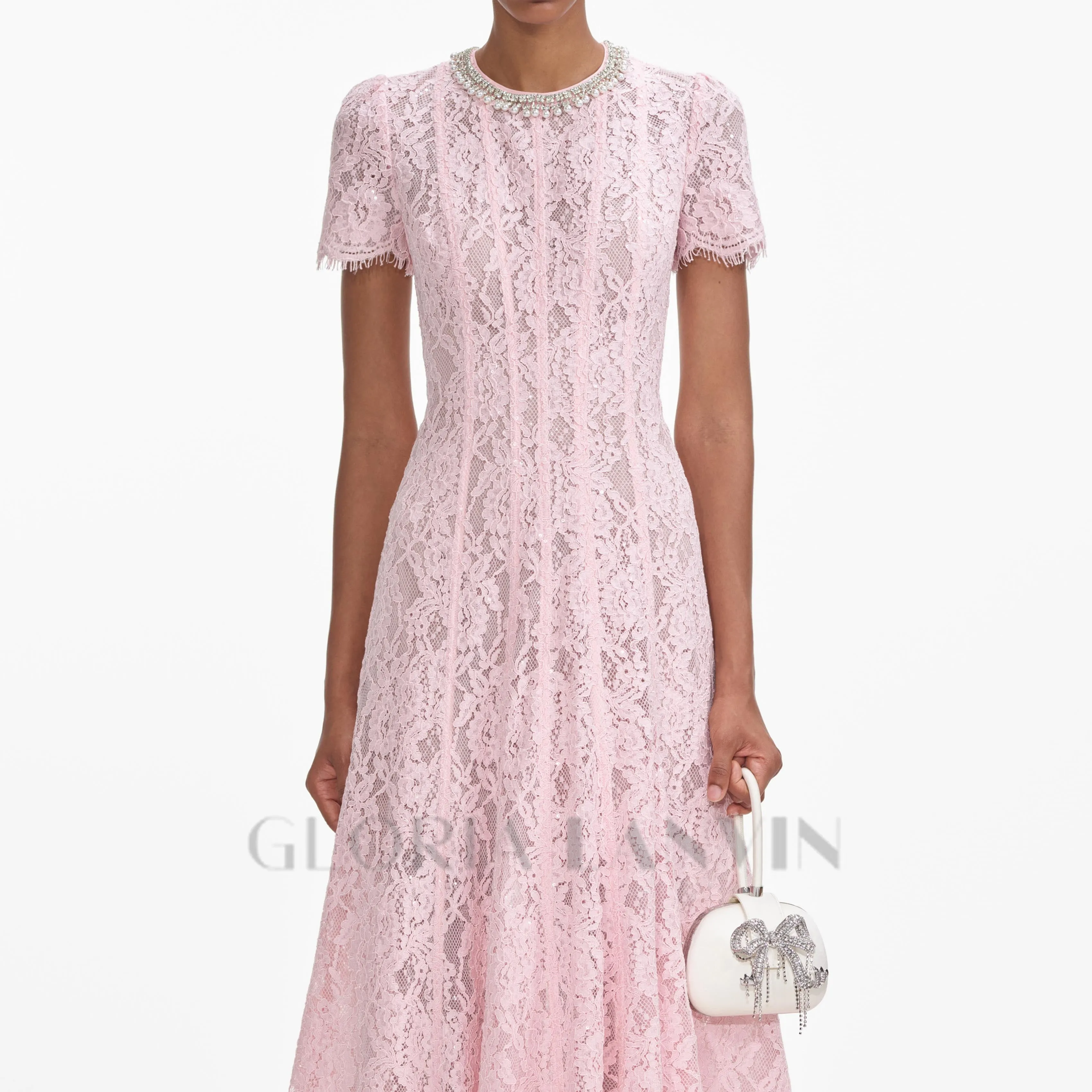 Sequin Floral Lace Midi Dress in pink Gloria Lanvin