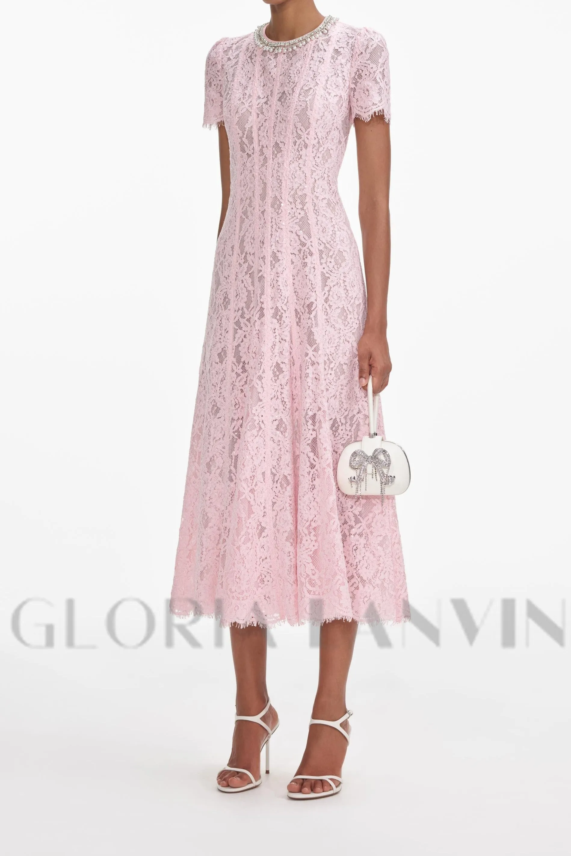 Sequin Floral Lace Midi Dress in pink Gloria Lanvin