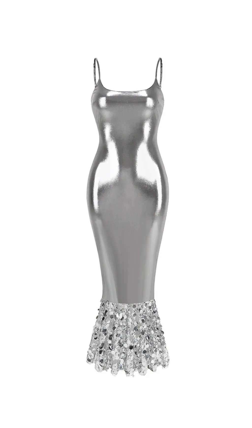 SEQUIN FLUTED MAXI DRESS IN SILVER Gloria Lanvin