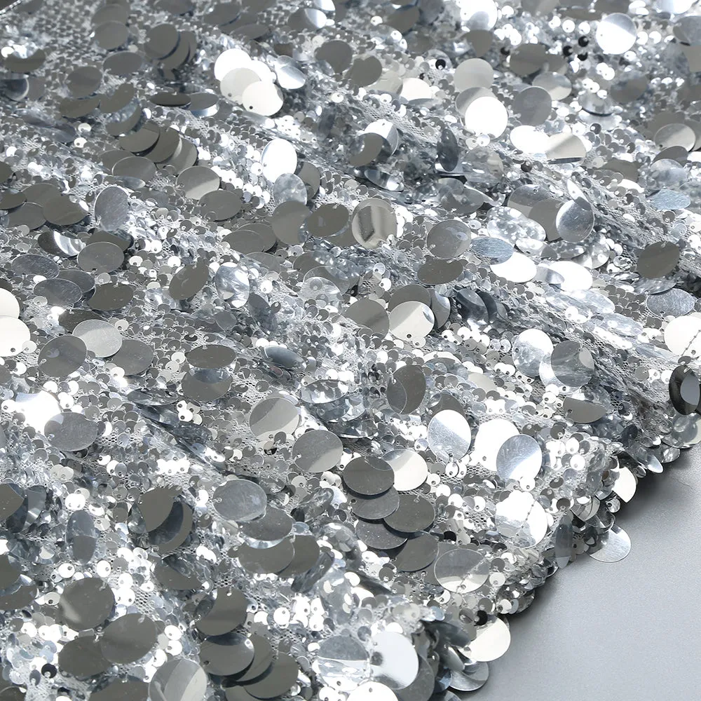 SEQUIN FLUTED MAXI DRESS IN SILVER Gloria Lanvin