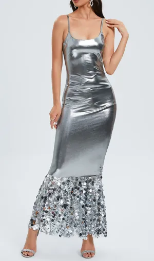 SEQUIN FLUTED MAXI DRESS IN SILVER Gloria Lanvin
