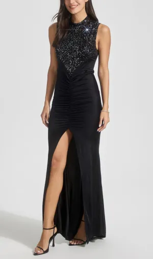SEQUIN GATHERED BODYCON MAXI DRESS IN BLACK Gloria Lanvin