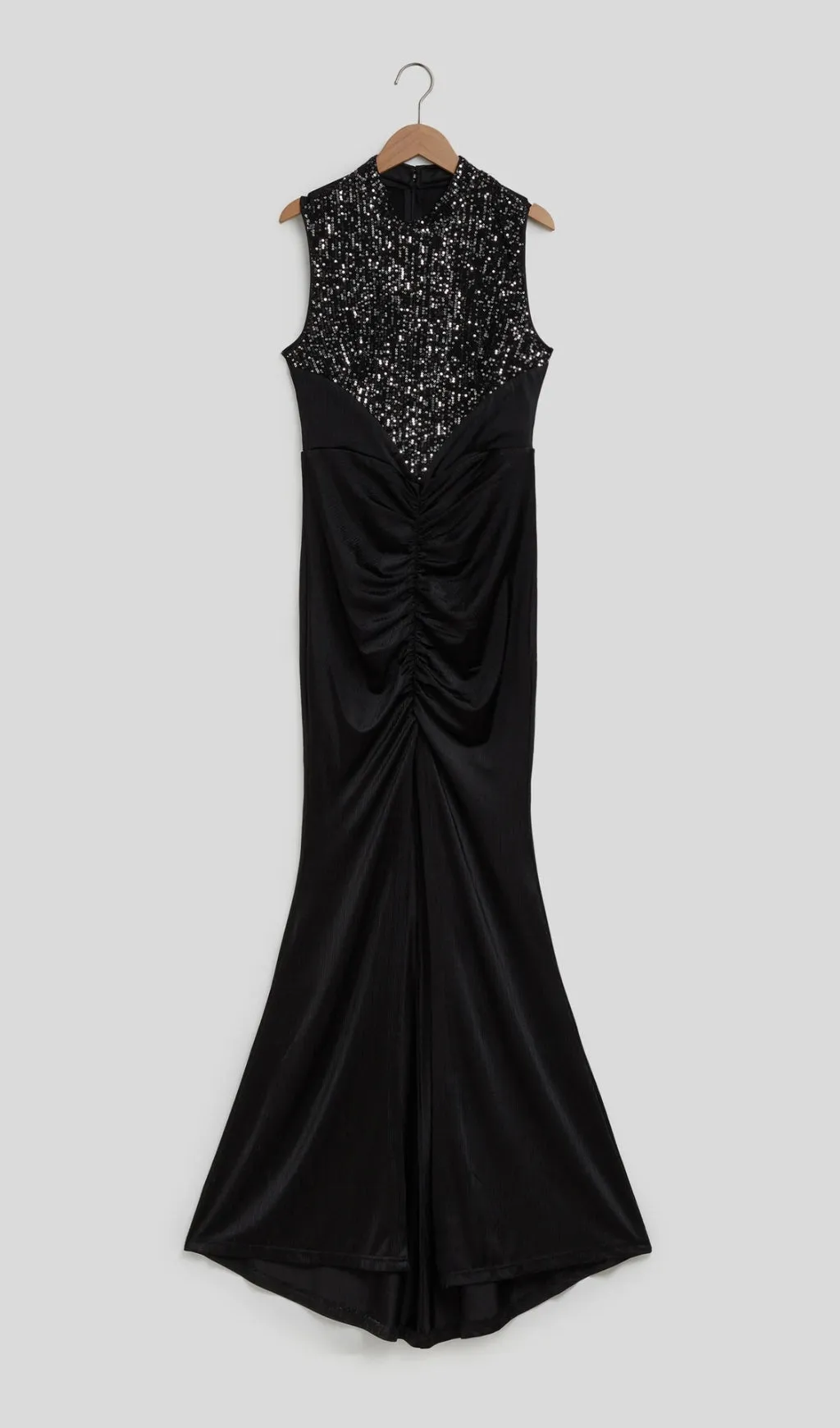 SEQUIN GATHERED BODYCON MAXI DRESS IN BLACK Gloria Lanvin