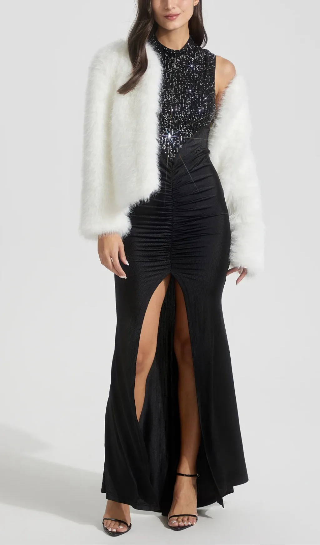 SEQUIN GATHERED BODYCON MAXI DRESS IN BLACK Gloria Lanvin