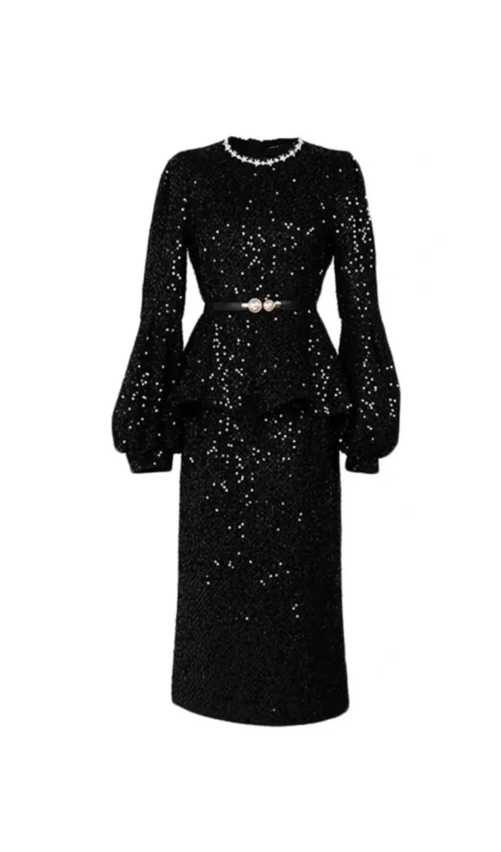 SEQUIN LANTERN SLEEVE RUFFLE MIDI DRESS Gloria Lanvin