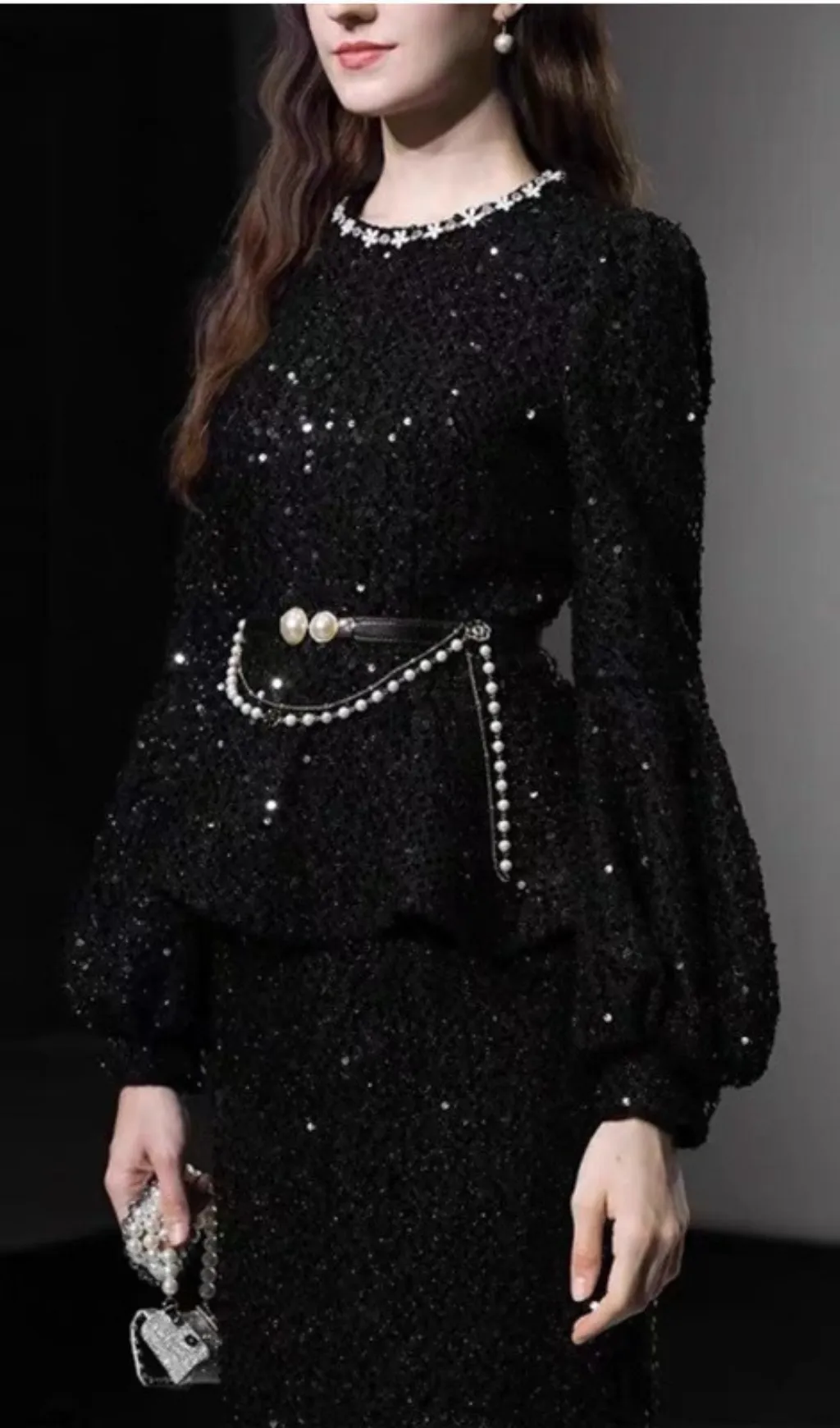 SEQUIN LANTERN SLEEVE RUFFLE MIDI DRESS Gloria Lanvin